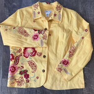 Coldwater Creek 100%  button front embroidered lightweight jacket L Yellow